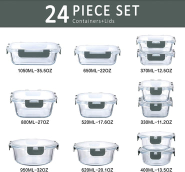 MCIRCO 24-Piece Glass Food Storage Containers with Snap Locking Lids, Glass Meal Prep Containers Set, Airtight Lunch Containers, Microwave, Oven,Freezer and Dishwasher Friendly