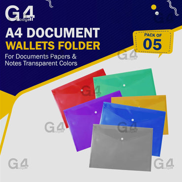 5 Assorted Color A4 Popper Wallets - Clear Plastic Paper Wallets for Document Storage and Office Organization Supplies - Lightweight Transparent Folders with Snap Closure
