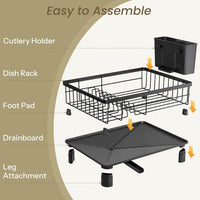 SNTD Dish Drying Rack - Small Dish Rack for Kitchen Counter, Stainless Steel Dish Drainer with Utensil Holder and Drainboard, 11" W x 15" L (Black)