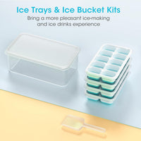 DOQAUS Ice Cube Tray with Lid and Bin - 4 Pack Silicone Ice Cube Trays for Freezer, Stackable Ice Bucket Kits with Storage Container & Scoop for Kitchen, RV, Cocktail, Coffee