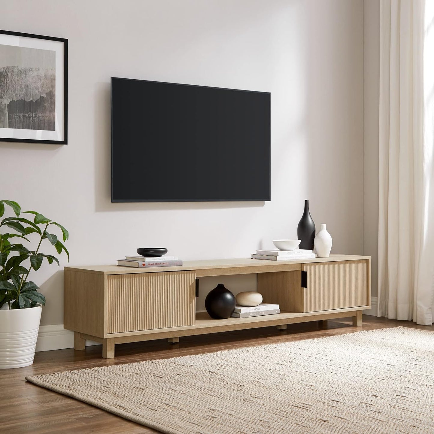 Walker Edison Arundo Fluted TV Stand for TVs up to 80 Inches, 70" TV Stand, Coastal Oak