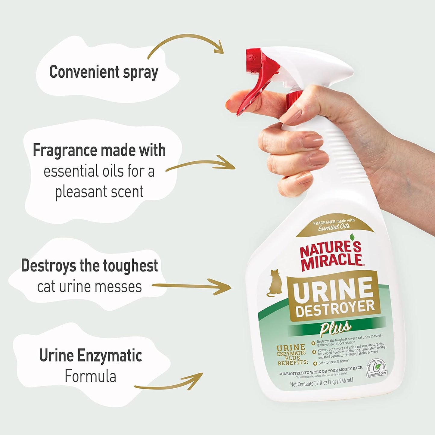 Nature’s Miracle Urine Destroyer Plus Cat, 32 Ounces, Enzymatic Formula, Ready-to-Use