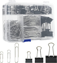 Assorted Size Binder Clips & Jumbo Paper Clips Set - 340pcs Black, Large for Office & School Supplies, in Container with Compartments