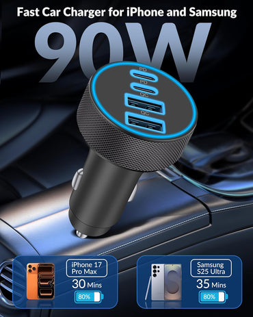 [4 in 1] USB C Car Charger, 4-Port 90W Super Fast Charging Cigarette Lighter Adapter, Dual 45W USBC & USB-A Multiport Car Phone Charger Accessories for iPhone 17 16 15 14 13 12, iPad, Galaxy, Tablet