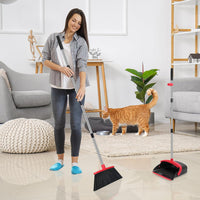 NACENA Broom and Dustpan Set, 52-in Long Adjustable Handle Broom Dustpan Combo with Dustpan Teeth to Automatically Clean Hair Suitable for Home Kitchen Office Hall Floor（Black&Red）
