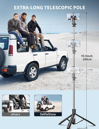 71" Phone Tripod & Selfie Stick, All in One Extendable Cell Phone Tripod with Wireless Remote, Tripods Stand for iPhone & Travel Selfie Stick 360° Rotation Compatible with iPhone Android, Camera