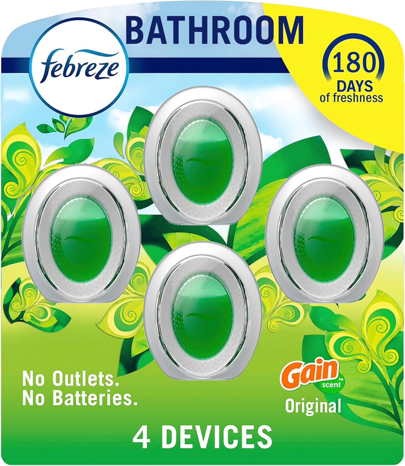 Febreze Bathroom Air Freshener, Odor-Fighting, Plug In Alternative, Air Fresheners for Home and Bathroom and Kitchen, Closet Air Fresheners, Pet & Litter Box Odor Fighter, Gain Original Scent, 4 Count