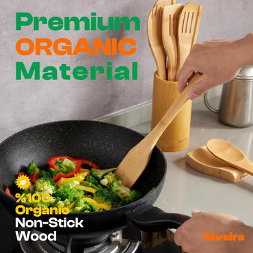 Riveira Bamboo Cooking Spoons 6-Piece – Wooden Cooking Utensils Set with Wooden Spoons for Cooking & Spatulas Wooden Utensil Sets – Premium Kitchen Utensils Set – Durable First Apartment Essentials