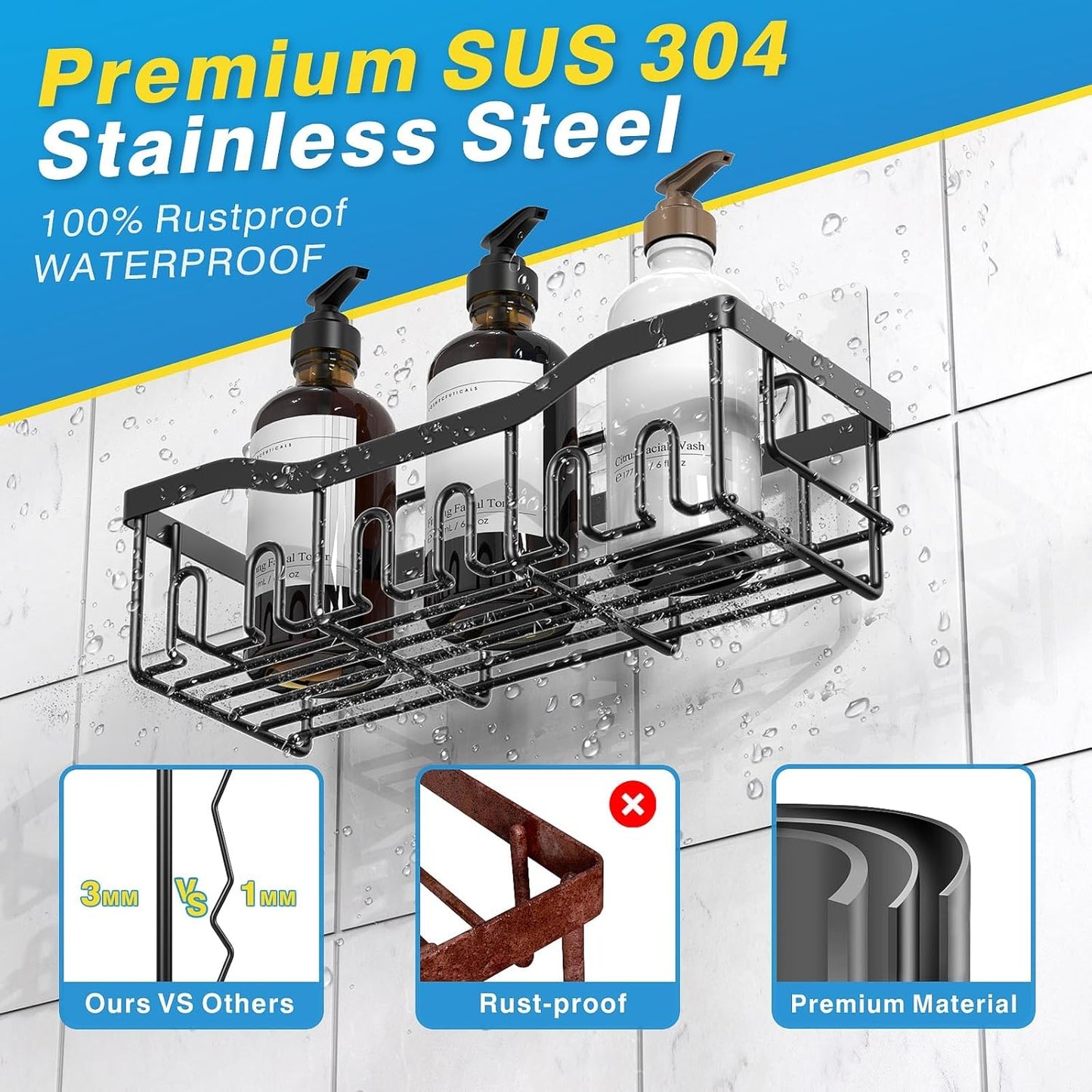 5-Pack Rustproof Stainless Steel Shower Caddy Set– No Drill Adhesive Bathroom Organizer, Space-Saving Shower Shelves for Apartment Essentials, Bathroom/Kitchen Storage Home Decor-L Size