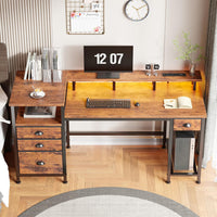 Furologee 60" Computer Desk with 4 Drawers and Printer Space, Gaming Desk with LED Lights and USB Power Outlets, Office Desk with Fabric File Cabinet, Work Table with Shelf for Bedroom, Rustic Brown