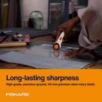 Fiskars 45mm Rotary Cutter for Fabric, Premium Steel Stick Fabric Cutter Cuts Through Multiple Layers, Right and Left Handed, Easy and Safe Blade Change, Arts and Crafts, Sewing and Quilting Tools