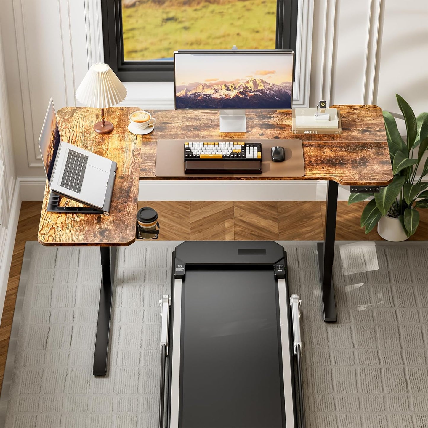 59 Inch L Shaped Standing Desk Adjustable Height, Electric Corner Standing Desk, Sit Stand Computer Table with Reversiable Splice Board, Rustic Brown