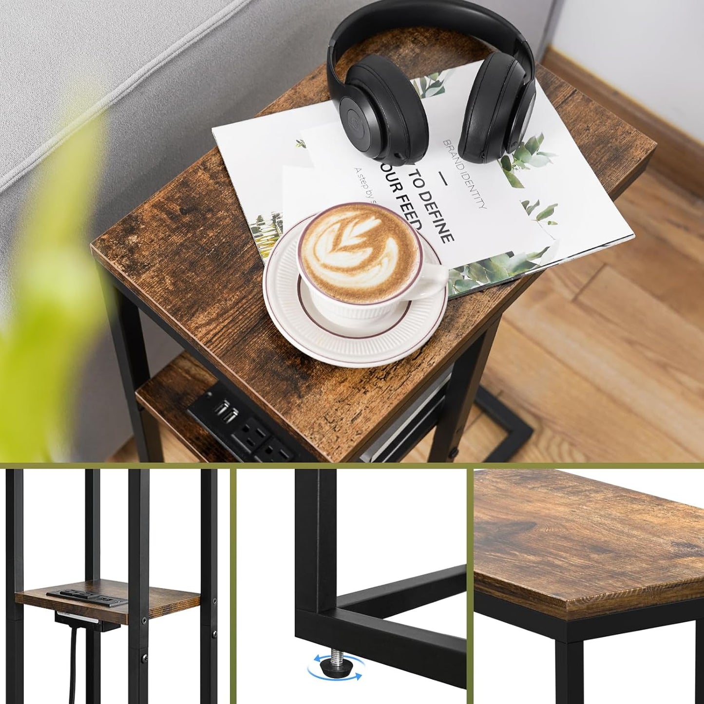 Yoobure C Shaped End Table with Charging Station, Small Side Table for Sofa，26" Tall Tv Tray Couch Table with Storage,Bedside Table with USB Ports and Outlets for Living Room, Bedroom, Rustic Brown