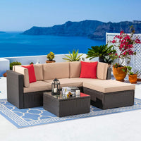 Vongrasig 5 Piece Patio Furniture Sets, Outdoor Patio Set Sectional Sofa, All-Weather PE Rattan Outdoor Couch with Ottoman, Glass Table for Garden, Backyard, Porch, Beige