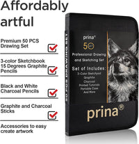Prina 50 Pack Drawing Set Sketch Kit, Sketching Supplies with 3-Color Sketchbook, Graphite, and Charcoal Pencils, Pro Art Drawing Kit for Artists Adults Teens Beginner Kid, Ideal for Shading, Blending