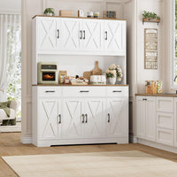 HOSTACK 71" Tall Kitchen Pantry Storage Cabinet with Charging Station, 55" Wide Kitchen Hutch Cabinet with Large Countertop, Farmhouse Food Pantry with Drawers for Living Room, White