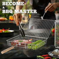 Grill Basket Set, Removable Wooden Handle, 304 Stainless Steel, Rolling BBQ Tools, Smoker Grilling Accessories for Vegetable Fish, Outdoor Cooking Camping, Birthday Gifts for Men Dad Husband