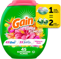 Gain Super Flings Laundry Detergent Pacs, 45 Count, Hibiscus Hula scent, irresistibly clean and fresh washing detergent laundry soap pacs