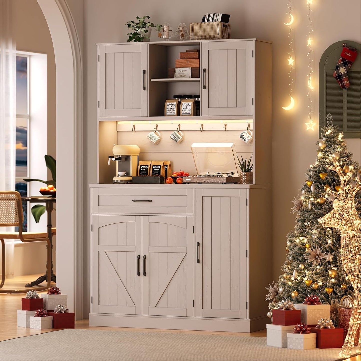 ONBRILL 71" Pantry Cabinet, Kitchen Pantry Storage Cabinet with LED Light & Outlet, Kitchen Hutch with Microwave Shelf & 6 Hooks, Door Shelves & Drawer & Adjustable Shelves, for Dining Room