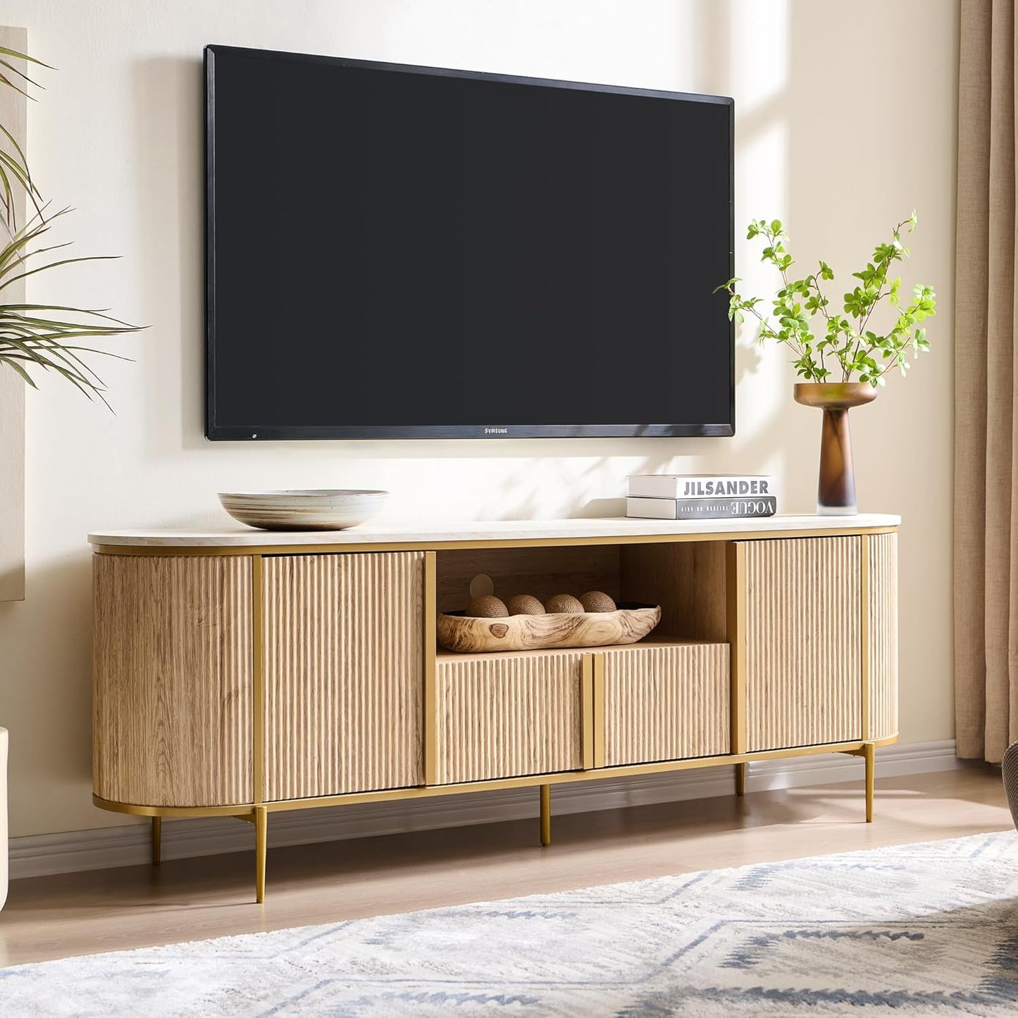 OKD Luxury 70" Fluted TV Stand, Modern Chic Entertainment Center for TVs Up to 80 inches, TV Console with Faux Marble Top, Curved Profile Design, Media Console for Living Room, Natural Oak