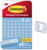 Command Indoor Mini Light Clips, 45 Clear Clips and 54 Command Strips, Damage Free Hanging Christmas Decorations, Wall Clips for Hanging Lights and Cable Management, Holds up to 0.3 lb