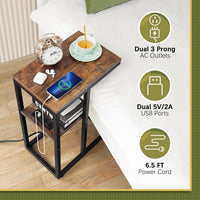Yoobure C Shaped End Table with Charging Station, Small Side Table for Sofa，26" Tall Tv Tray Couch Table with Storage,Bedside Table with USB Ports and Outlets for Living Room, Bedroom, Rustic Brown