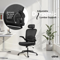 Oline ErgoAir Ergonomic Office Chair – Adjustable Lumbar Support, Flip-Up Armrests, Mesh Computer Desk Chair, Swivel Rolling Executive Gaming Chair for Home & Office (Black)