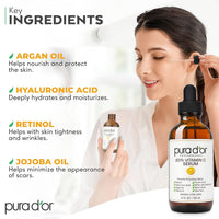PURA D'OR 20% Vitamin C Serum 4 Oz - Lightweight Maximum Strength Formula - Retinol, Hyaluronic Acid, Ferulic Acid - Professional Grade Treatment For Face & Eyes, Wrinkles - Men & Women