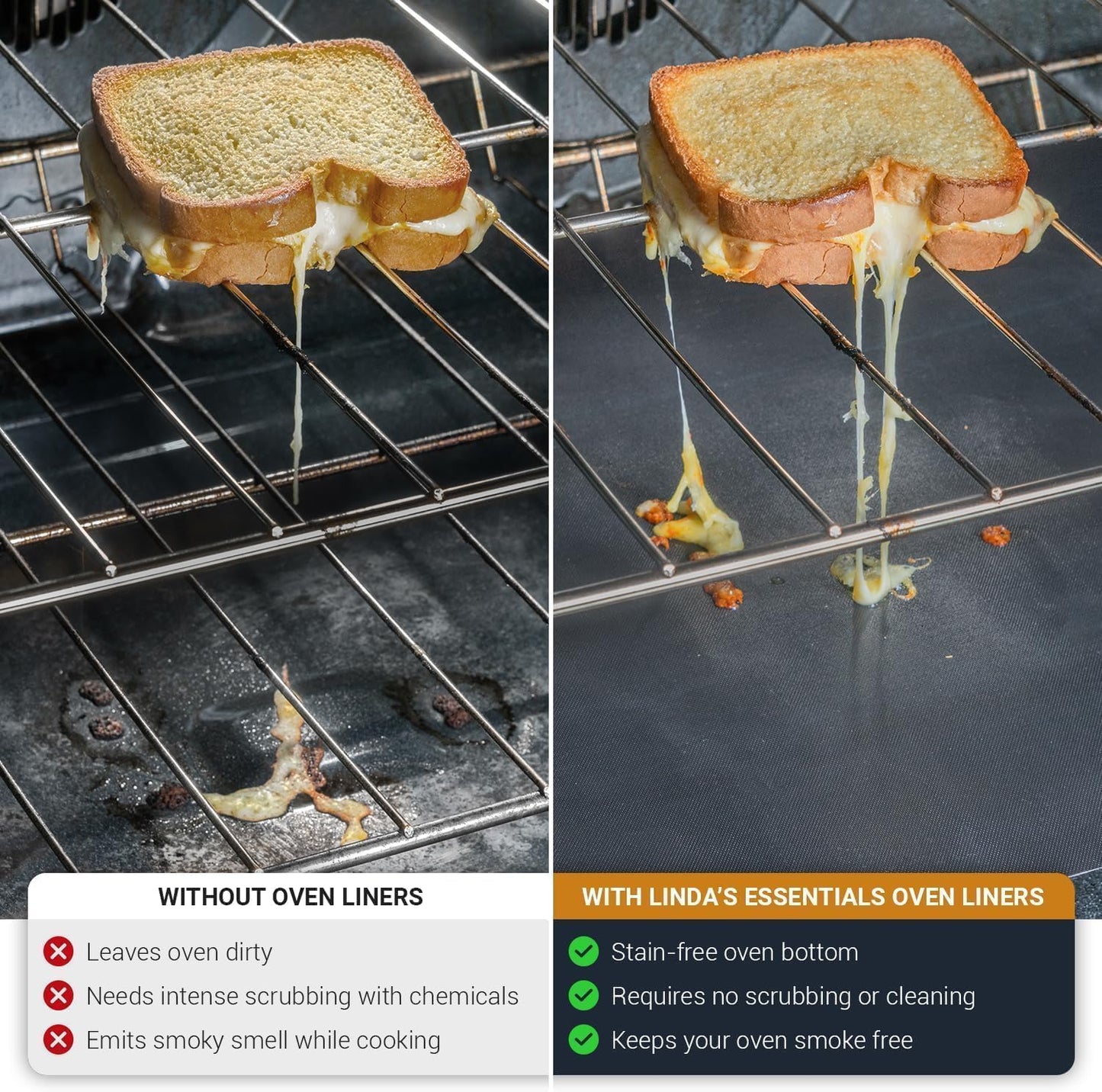 Oven Liners for Bottom of Oven (2 Pack) - Universal Non-Stick Liner for Fan Assisted Cooking, 32 x 50 cm Kitchen Essentials, Protector Sheets, Save Time & Clean Easily (Black)