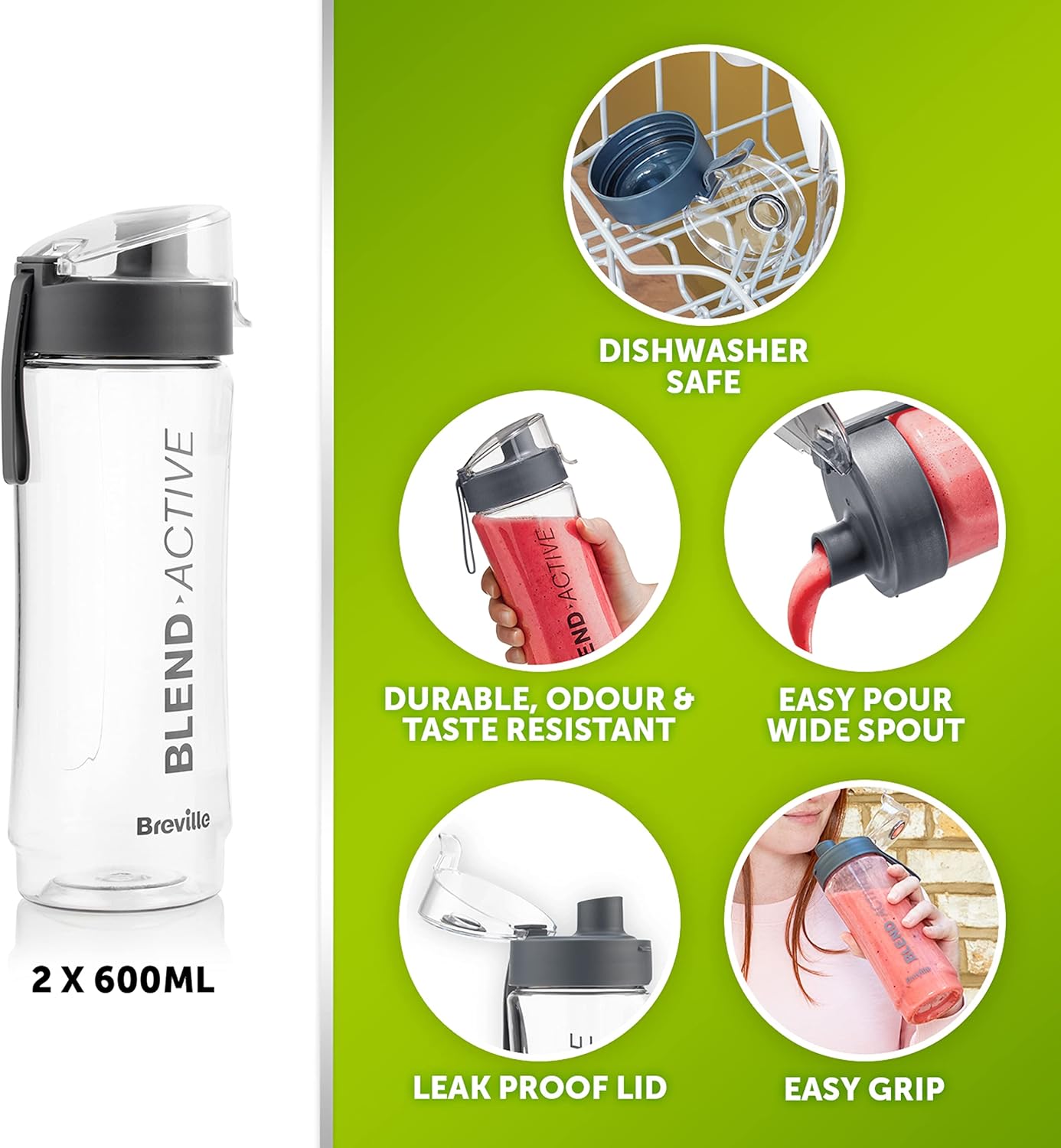 Breville Blend Active Personal Blender & Smoothie Maker | 350W | 2 Portable Blend Active Bottles (600ml) | Leak Proof Lids | White & Green