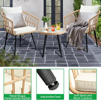 3 Piece Patio Bistro Set, Outdoor Wicker Apartment Balcony Furniture Sets, Rattan Table and Chairs Set of 2 for Porch Backyard Lawn Poolside Deck, Beige