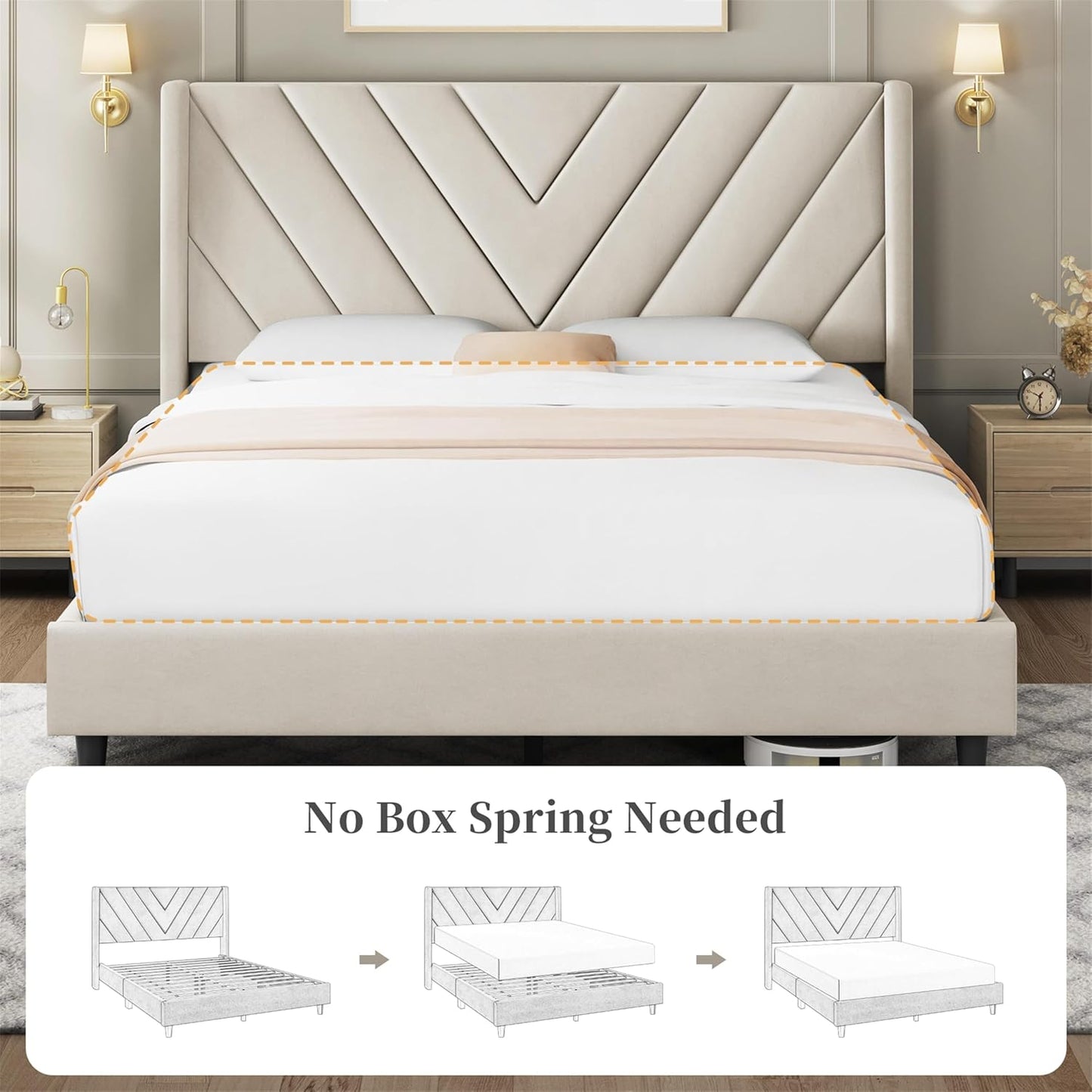 Yaheetech Queen Bed Frame Upholstered Platform Bed with Wing Side/Wooden Slat Support/Tufted Headboard with Wing Side/Mattress Foundation/No Box Spring Needed,Beige Queen Bed
