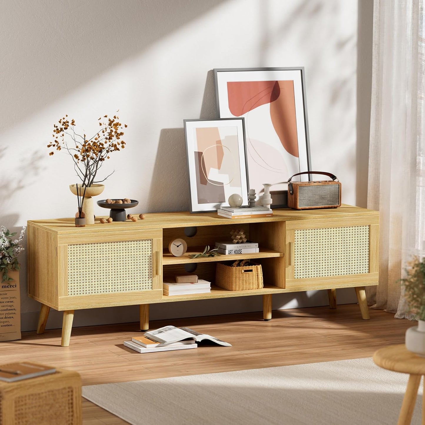 SUPERJARE Boho TV Stand for 65 Inch TV, Entertainment Center with Adjustable Shelf, Rattan TV Console with 2 Cabinets, Media Console, Solid Wood Feet, 4 Cord Holes, for Living Room - Natural, 8782T