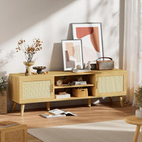 SUPERJARE Boho TV Stand for 65 Inch TV, Entertainment Center with Adjustable Shelf, Rattan TV Console with 2 Cabinets, Media Console, Solid Wood Feet, 4 Cord Holes, for Living Room - Natural, 8782T