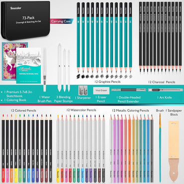Soucolor 73 Pack Art Supplies Sketching Kit for Adults Kids Teen Gifts, Christmas Gifts, Drawing Sketching Pencils with Sketchbook, Coloring Book, Colored Watercolor Metallic Graphite Charcoal Pencils