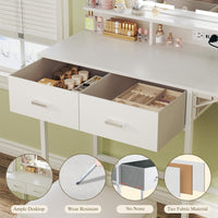 Small Vanity Desk with Mirror and Lights, Makeup Vanity with Fabric Storage Drawer, Chair and Three Shelves, White Vanity with Power Outlet and Fold-up Panel, Bedroom