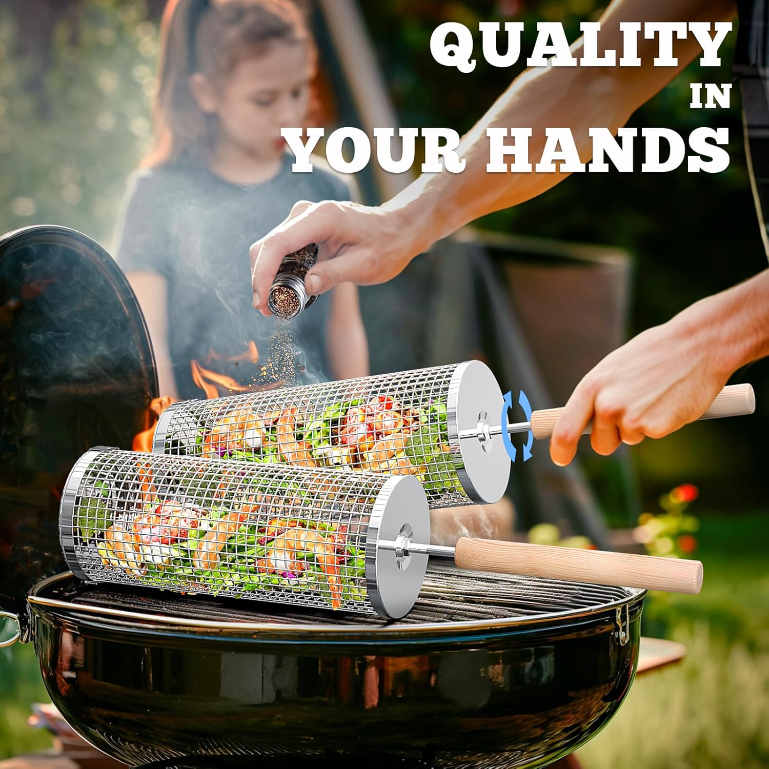 Nesting Grill Baskets (2PCS) with Removable Wooden Handle, Stainless Steel BBQ Tools - Cart Shape