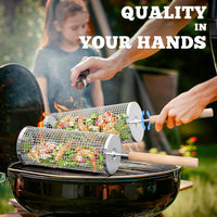 Nesting Grill Baskets (2PCS) with Removable Wooden Handle, Stainless Steel BBQ Tools - Cart Shape