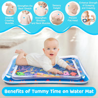 Baby lying on a water mat with text highlighting benefits of tummy time.
