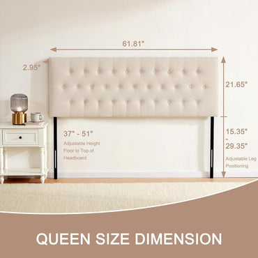 Tufted Upholstered Headboard Queen Size, Solid Wood Head Board with Durable Metal Legs, Adjustable Height Bed headboard from 37” to 51” Fabric Headboard in Modern Button Design, Beige