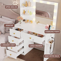 IRONCK Vanity Desk with Mirror and Lights, Small Makeup Vanity Table with 5 Drawers, Power Outlet, and Vanity Stool, 3 Lighting Colors, Dressing Table for Women Girls Bedroom, White