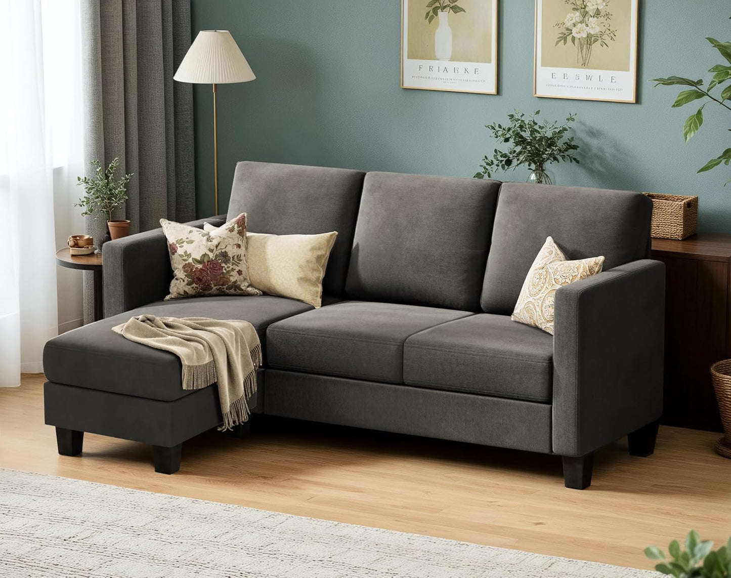 VICTONE Convertible Sectional Sofa Couch, 3 Seat L-Shaped Sofa with Linen Fabric Ottoman Small Couch for Small Apartments, Living Room and Office (Linen Fabric, Dark Gray)