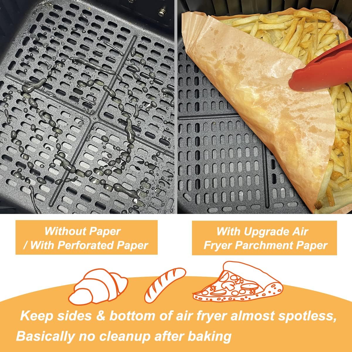 BYKITCHEN Air Fryer Parchment Paper Liner, 50PCS Square Air Fryer Liners Disposable, Greaseproof Paper, Compatible with COSORI, Ninja, Tefal, Russell Hobbs Fryers (Unbleached)