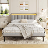 ONBRILL Adjustable Headboard for King/California King Size Bed Frame, Linen Fabric Bed Headboard with Storage & RGB LED Light in Modern Vertical Channel Design, Light Grey