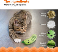 Catstages Crunchy Pickle Kicker Toy with Catnip and Dental Mesh, Pickle Shape, Plush and Crinkle Cat Toy for Kicking, Tossing, and Teeth Cleaning, Green