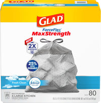 Glad ForceFlex MaxStrength Kitchen Drawstring Trash Bags, 20 Gal, Fresh Clean, 80 Ct, Pack May Vary
