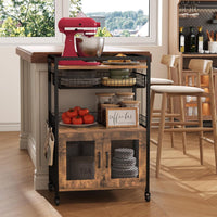 Coffee Bar Cabinet, 3 Tier Coffee Station Table on Wheels, 35.9" H Bar Cart with Wire Basket Drawer & 5 Hooks for Home Kitchen, Liquor Buffet Sideboard Cabinet (Rustic Brown)
