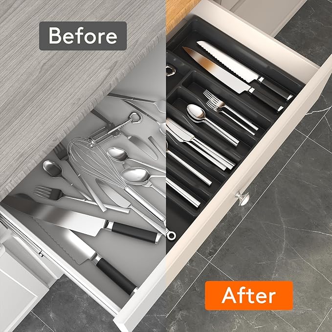 Lifewit Large Silverware Drawer Organizer, Expandable Utensil Tray for Kitchen, BPA Free Flatware and Cutlery Holder, Adjustable Plastic Storage for Spoons Forks Knives, Large, Black