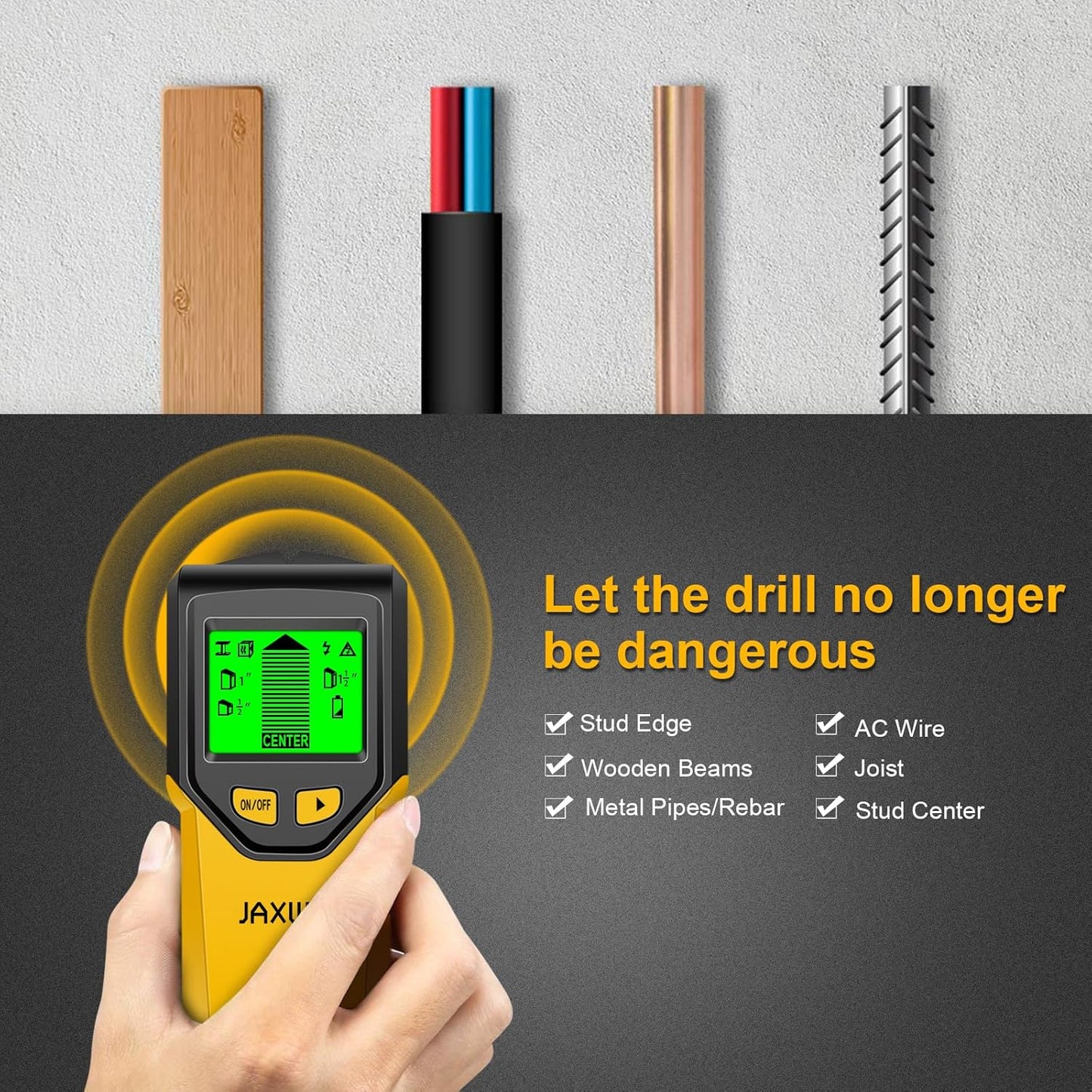 Stud Finder Wall Scanner - 5 in 1 Stud Finder Tool w/Microprocessor Chip and HD LCD Display, Stud Detector Beam Finders for the Center and Edge of Wood AC Wire Metal Studs Joist Pipe (Yellow Pear)