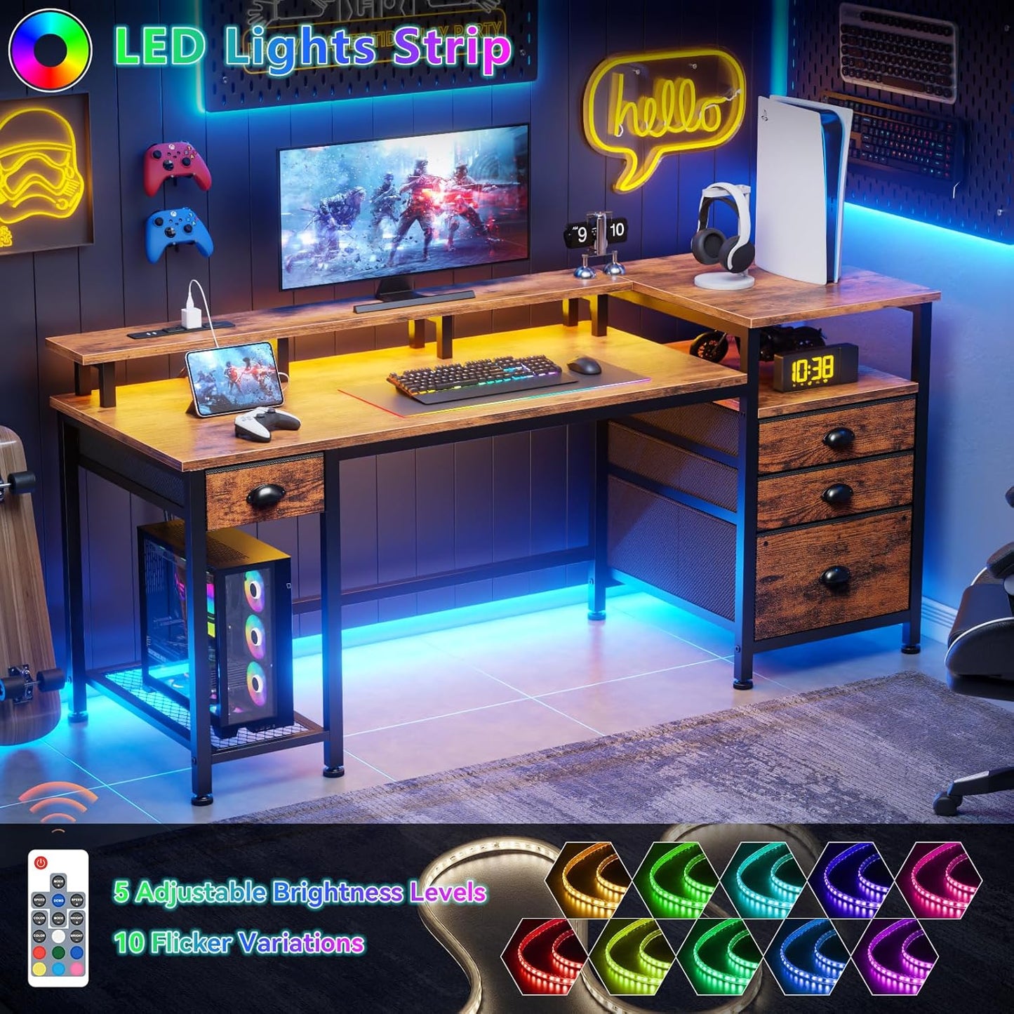 Furologee 60" Computer Desk with 4 Drawers and Printer Space, Gaming Desk with LED Lights and USB Power Outlets, Office Desk with Fabric File Cabinet, Work Table with Shelf for Bedroom, Rustic Brown